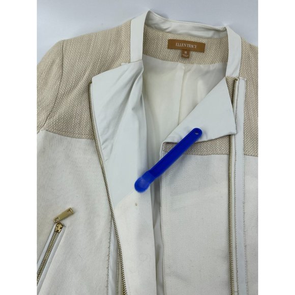 Ellen Tracy Off White Asymmetrical Zip Faux Leather Tweed Crop Jacket Size Med - Picture 12 of 16